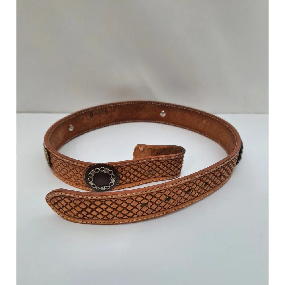 Vintage Double J Saddlery Belt Sz 34 Brown Leather Concho 90's Western No Buckle